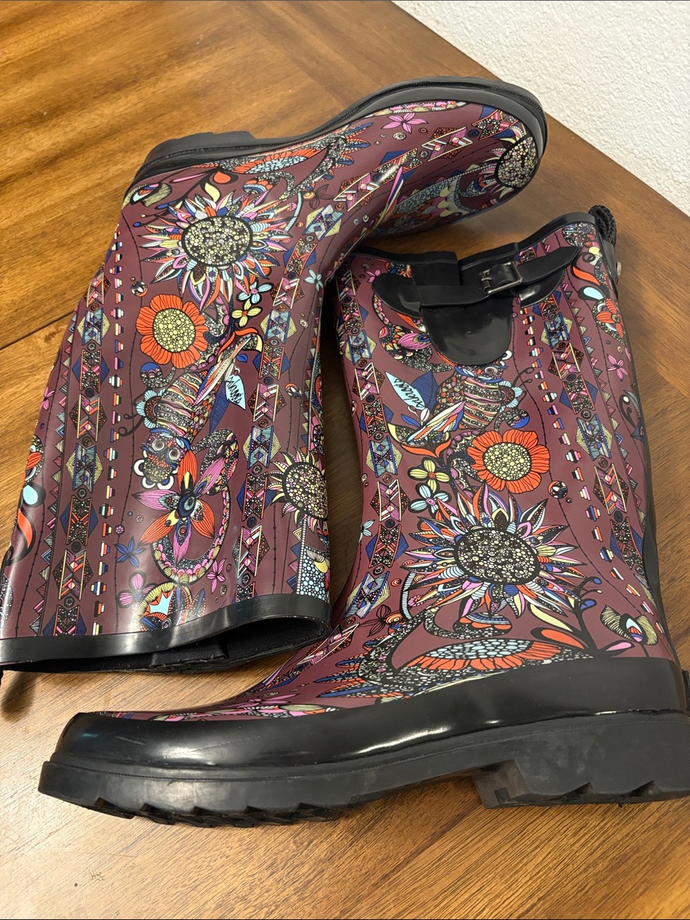Sakroots Maroon Floral Pattern Rubber Rain Boots